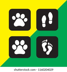 4 trace icons in vector set. human shoes footprints, pawprint, human footprints and animal paw print illustration for web and graphic design