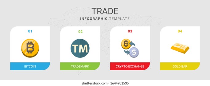 4 trade flat icons set isolated on infographic template. Icons set with bitcoin, Trademark, crypto-exchange, gold bar icons.