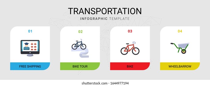 4 transportation flat icons set isolated on infographic template. Icons set with Free Shipping, Bike tour, Bike, Wheelbarrow icons.