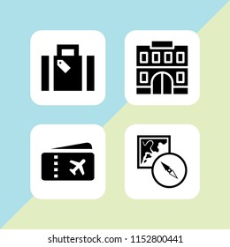 4 travel icons in vector set. airplane ticket, holiday suitcase, hostel and map and compass orientation tools illustration for web and graphic design