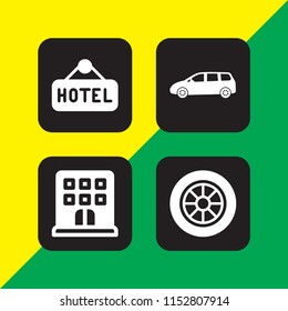 4 travel icons in vector set. minivan, hostel, hotel and car wheel illustration for web and graphic design