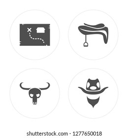 4 Treasure map, Bull skull, Saddle, Bandit modern icons on round shapes, vector illustration, eps10, trendy icon set.