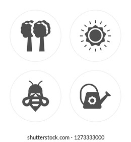 4 Tree, Bee, Sun, Watering can modern icons on round shapes, vector illustration, eps10, trendy icon set.
