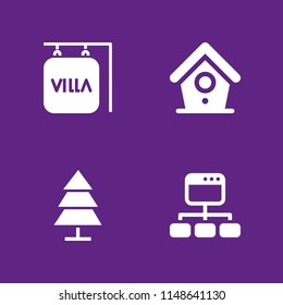 4 tree icon set with bird house, villa and tree vector illustration for graphic design and web