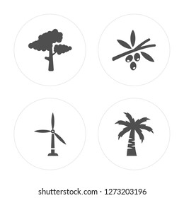 4 Tree, Wind mills, Olives on a branch, Coconut tree modern icons round shapes, vector illustration, eps10, trendy icon set.