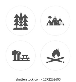 4 Trees, Picnic, Mountain, Campfire modern icons on round shapes, vector illustration, eps10, trendy icon set.