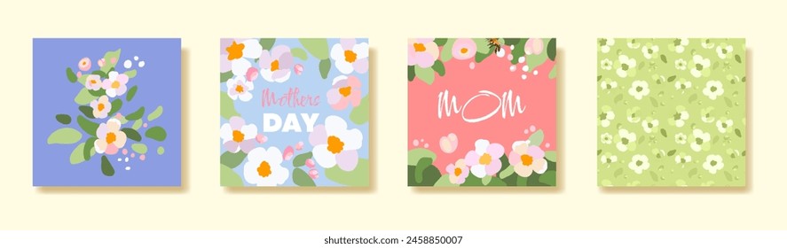 4 trendy square Mother's Day card Banner poster Flyer Sakura apple tree branch label or cover flowers frame floral pattern Retro art style Spring summer bright floral template ads promo