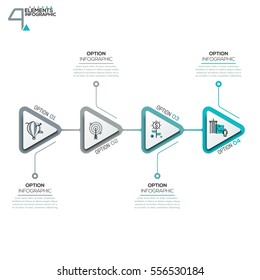 4 triangular elements or arrows with pictograms in thin line style and text boxes. Four successive steps to startup company launch. Vector illustration for brochure, corporate website.