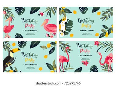 4 Tropical Hawaiian Posters with toucan, parrot, pelican and flamingo. Party template. Invitation, banner, card