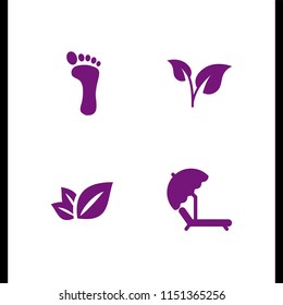 4 tropical icons in vector set. leaf, sun umbrella and deck chair and footprint illustration for web and graphic design