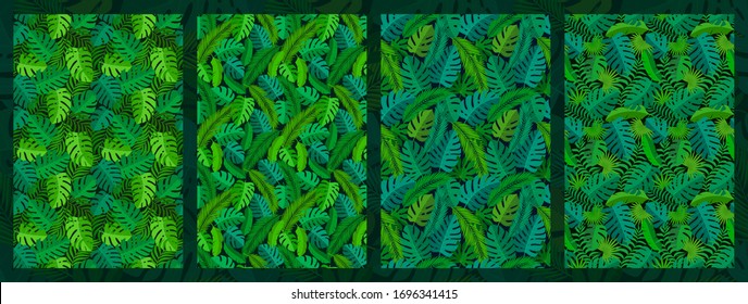 4 formas naturales tropicales de hojas exóticas sin costura. Conjunto de fondo floral del vector
