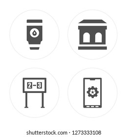 4 Tumbler, Scoreboard, Stadium, App modern icons on round shapes, vector illustration, eps10, trendy icon set.