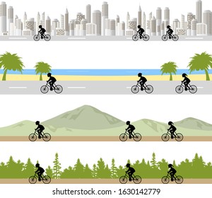4 type set of scenery and cyclists  city,beach,mountain,forest