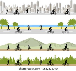 4 type set of scenery and cyclists ,jogger   city,beach,mountain,forest