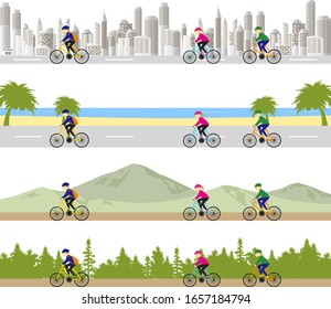 4 type set of scenery and cyclists jogger  city,beach,mountain,forest