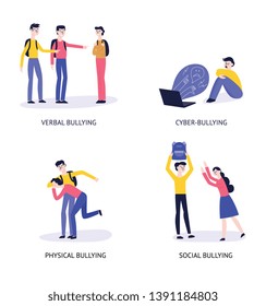 4 types of bulling: verbal, cyber, physical, social. A set of characters and situations with bullying and personal violence. Vector flat illustration.