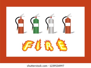 4 types of fire extinguisher and fire text.