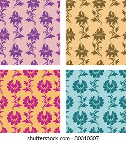 4 types of seamless pattern - flowers on a background. Each seamless pattern is grouped on a separate layer.