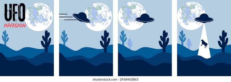 4 UFO themed backgrounds in a blue sky and white moon in the desert with cacti