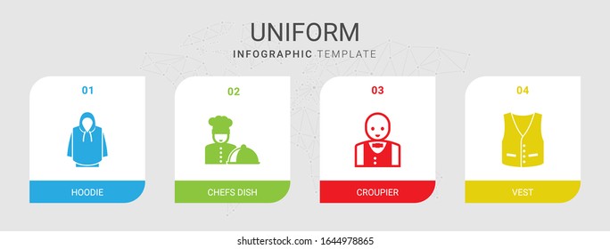 4 iconos llenos de uniforme establecidos aislados en plantilla infográfica. Iconos con hoodie, plato de chefs, Croupier, iconos de chalecos.