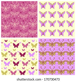 4 unique texture butterfly patterns. This set of vector seamless abstract vintage backgrounds. Cool retro yellow, pink and purple colors. This texture can be used for printing onto fabric or paper.