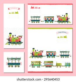 4 universal cards with toy train. Template. Birthday, anniversary, children's party, invitation, special event. Vector illustration