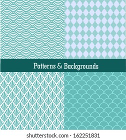 4 Universal different vector seamless patterns (tiling).  Endless texture can be used for any designs. Set of geometric ornaments. Set of wave and clouds patterns inspiration.