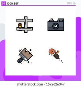 4 Universal Filledline Flat Color Signs Symbols of map; arts; antique camera; retro camera; brush Editable Vector Design Elements