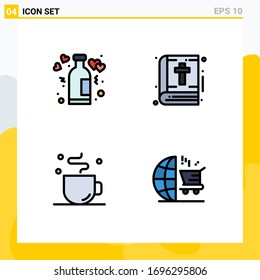 4 Universal Filledline Flat Color Signs Symbols of bottle; break; romance; book; cup Editable Vector Design Elements