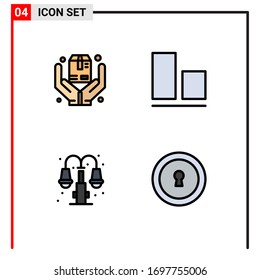4 Señales de color plano de línea plana universal Símbolos de manos; luz; casilla; vertical; elementos de diseño de vectores editables de agujeros clave