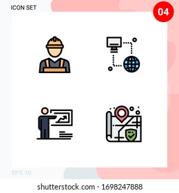 4 carteles de color plano de línea plana universal Símbolos del hombre de trabajo; solución; trabajador; ordenador; elementos de diseño de vectores editables para empresas