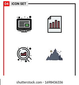 4 Universal Filledline Flat Color Signs Symbols of content; chart; document; report; mountain Editable Vector Design Elements