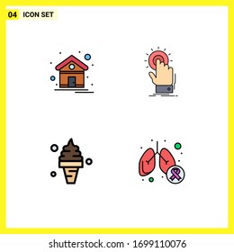 4 Universal Filledline Flat Color Signs Symbols of contact; beach; house; hand; food Editable Vector Design Elements