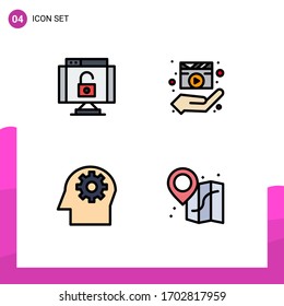 4 símbolos universales de color plano de línea plana Símbolos de datos; cabeza; seguridad; manos; elementos de diseño de vectores editables para la mente