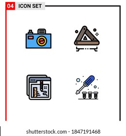 4 Universal Filledline Flat Color Signs Symbols of camera; document; accident; sign; file Editable Vector Design Elements