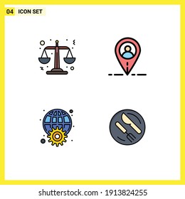 4 Universal Filledline Flat Color Signs Symbols of justice; worldwide; location; gear; lunch Editable Vector Design Elements