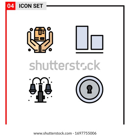4 Universal Filledline Flat Color Signs Symbols of hands; light; box; vertical; keyhole Editable Vector Design Elements