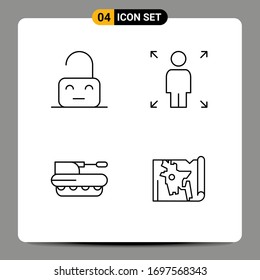 4 Colores planos de línea de relleno universales configurados para el control de aplicaciones web y móviles; militares; desbloquear; persona; elementos de diseño de vectores editables de tanques