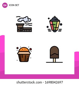 4 Universal Filledline Flat Colors Set for Web and Mobile Applications factory; cup; lantern; eid; muffin sweet Editable Vector Design Elements