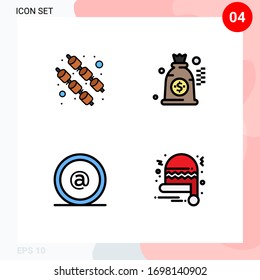 4 Colores planos de línea plana universal establecidos para los alimentos de aplicaciones web y móviles; correo; bolsa; dirección; elementos de diseño de vectores editables de santa