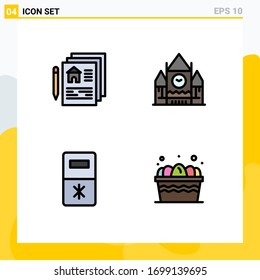 4 Universal Filledline Flat Colors Set for Web and Mobile Applications blueprint; kitchen; pen; government; cart Editable Vector Design Elements