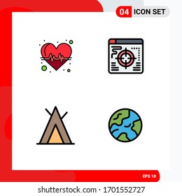 4 Colores planos de línea de relleno universales configurados para aplicaciones web y móviles vencidos; wigwam; atención de la salud; objetivo; elementos de diseño de vectores editables en el mundo