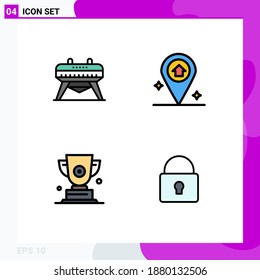 4 Colores planos de línea de llenado universales configurados para la gimnasia de aplicaciones web y móviles; premio; mapa; trofeo; bloqueo Elementos de diseño de vectores editables