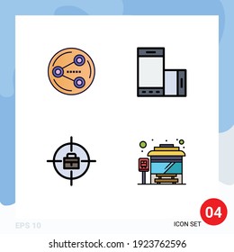 4 Universal Filledline Flat Colors Set for Web and Mobile Applications share; target; media; phone; achievements Editable Vector Design Elements