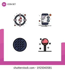 4 Colores planos de línea de llenado universales configurados para el corazón de aplicaciones web y móviles; belga; objetivo; móvil; Elementos de diseño de vectores editables para alimentos