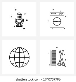 4 Iconos universales Píxel Símbolos Perfectos del micrófono; entrega; registro; lavandería; Ilustración de vectores de pantalla