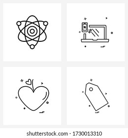 4 Universal Line Icons for Web and Mobile atom; love; lab; computer ; valentine's day Vector Illustration