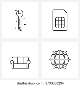 4 universelle Symbole für Web- und Mobilhardware; Salon; Hardwarewerkzeuge; Mobilfunknetz; Globe Vector Illustration