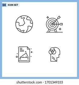 4 Universal Line Signs Symbols of earth; objective; geography; arrow; education Editable Vector Design Elements