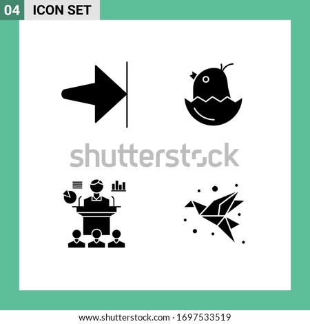 4 Universal Solid Glyphs Set for Web and Mobile Applications arrow; convention; chicken; happy; seminar Editable Vector Design Elements